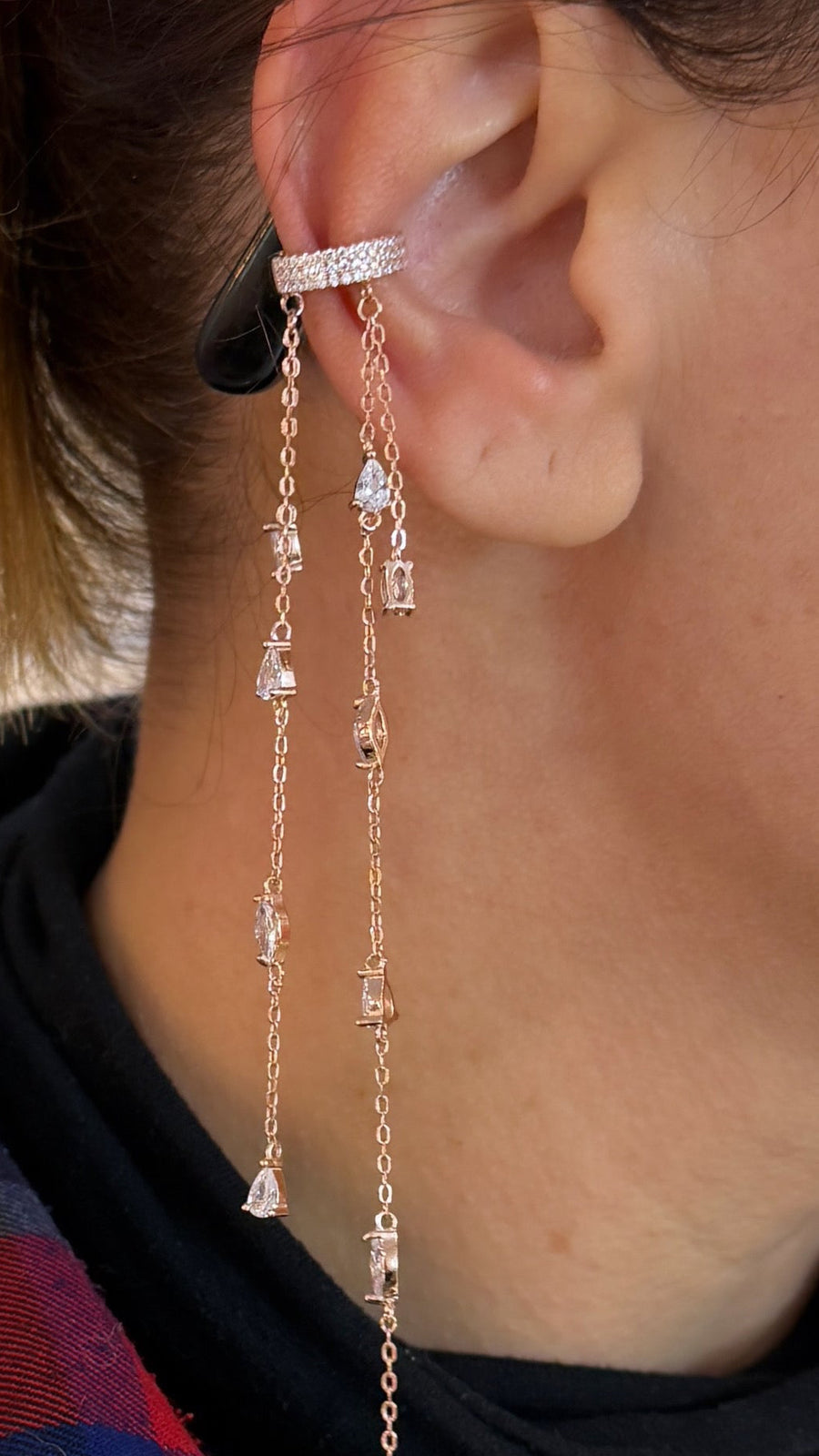 💎 Monorecchino Ear Cuff in Argento 925 Oro Rosa con Zirconi a Goccia